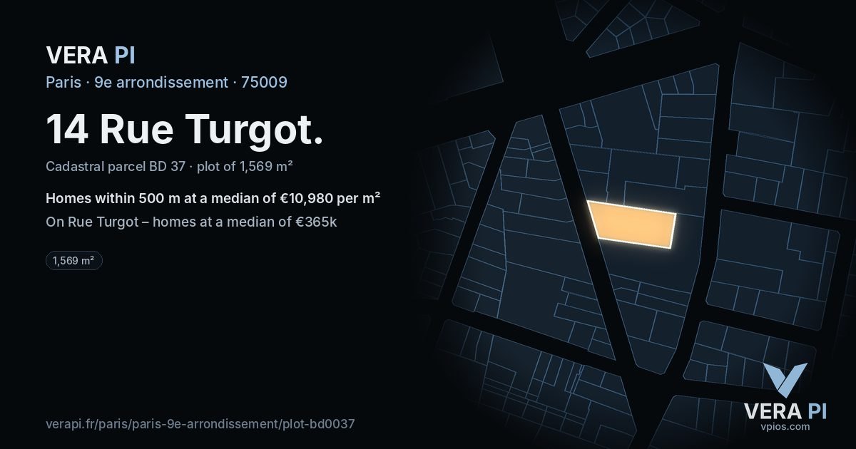 14 Rue Turgot, 9e arrondissement at night – the plot lit, the parcels around coloured by the prices near them