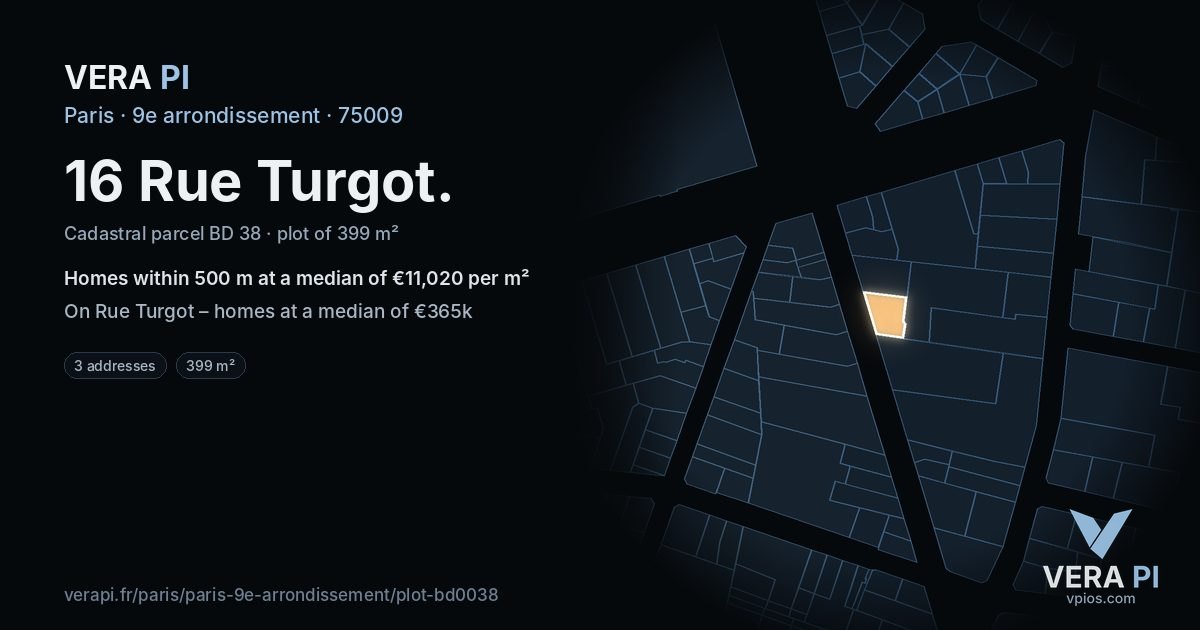 16 Rue Turgot, 9e arrondissement at night – the plot lit, the parcels around coloured by the prices near them