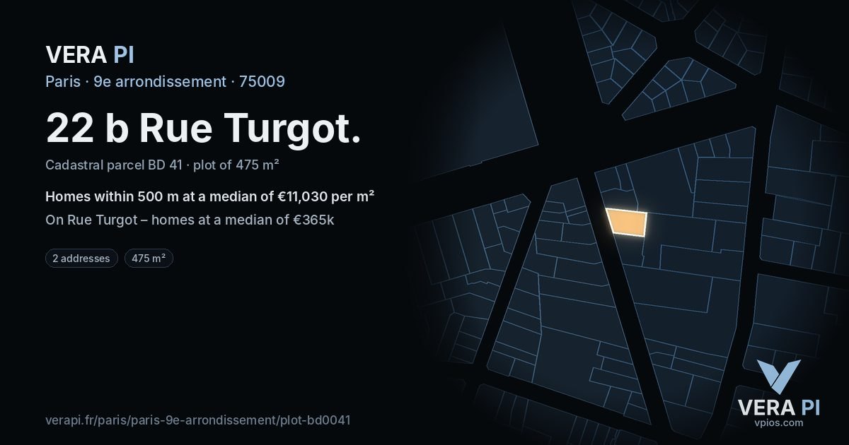 22 b Rue Turgot, 9e arrondissement at night – the plot lit, the parcels around coloured by the prices near them