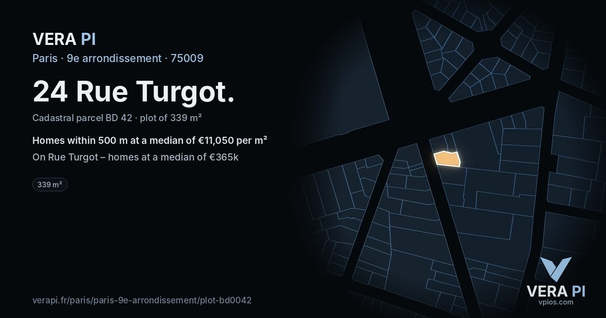 24 Rue Turgot, 9e arrondissement at night – the plot lit, the parcels around coloured by the prices near them