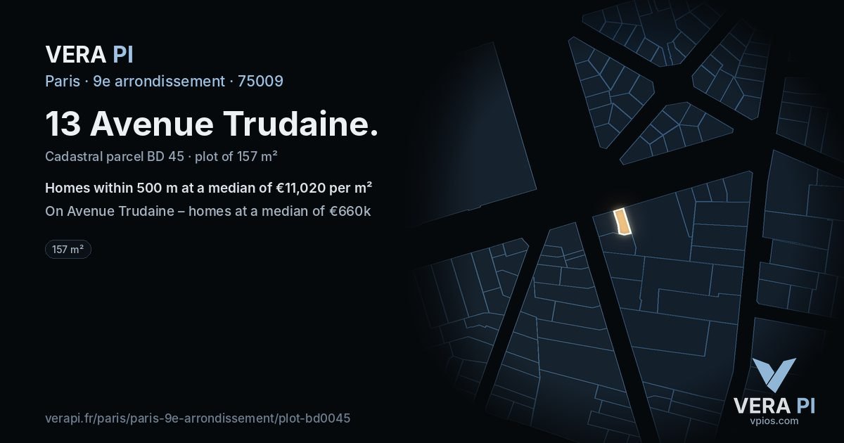 13 Avenue Trudaine, 9e arrondissement at night – the plot lit, the parcels around coloured by the prices near them