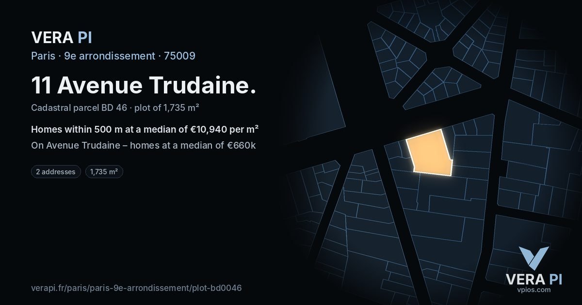 11 Avenue Trudaine, 9e arrondissement at night – the plot lit, the parcels around coloured by the prices near them