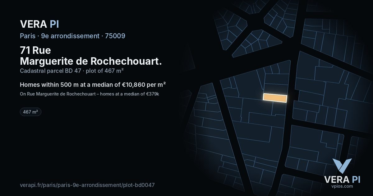 71 Rue Marguerite de Rochechouart, 9e arrondissement at night – the plot lit, the parcels around coloured by the prices near them