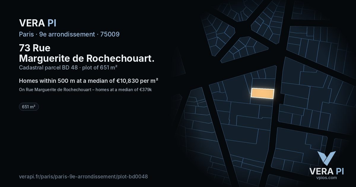 73 Rue Marguerite de Rochechouart, 9e arrondissement at night – the plot lit, the parcels around coloured by the prices near them