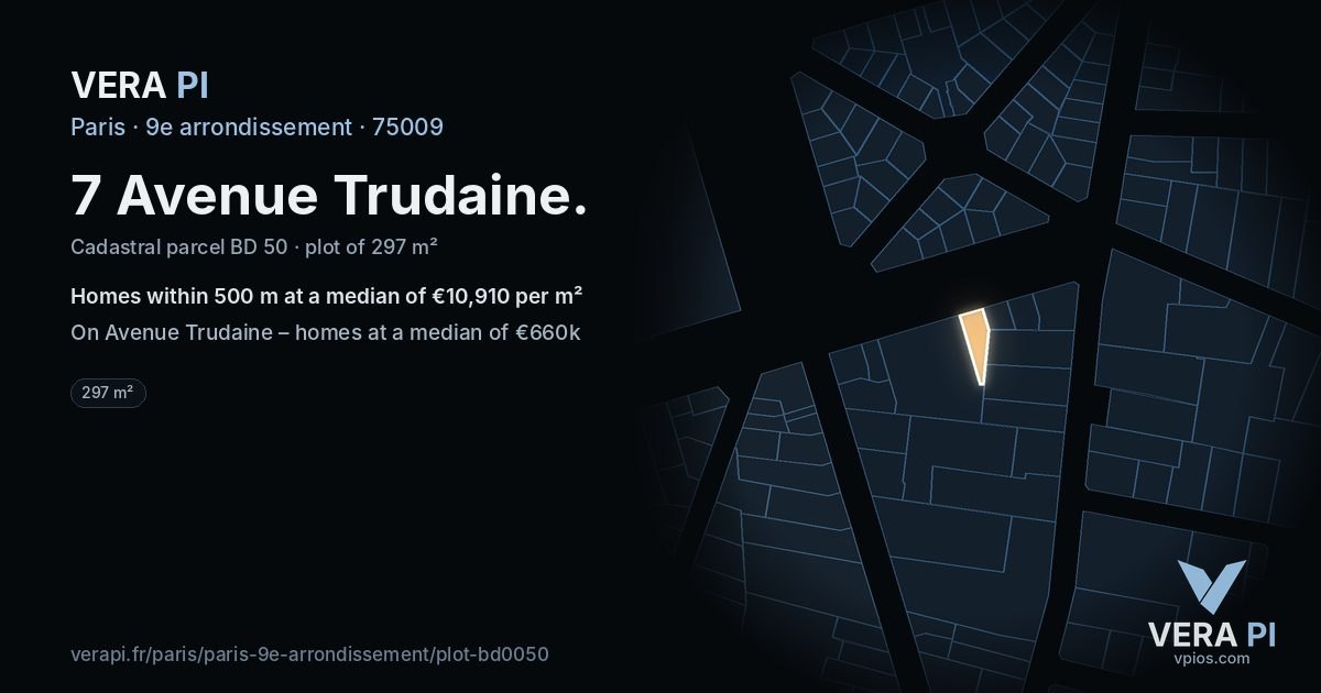 7 Avenue Trudaine, 9e arrondissement at night – the plot lit, the parcels around coloured by the prices near them