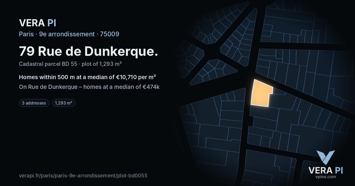 79 Rue de Dunkerque, 9e arrondissement at night – the plot lit, the parcels around coloured by the prices near them