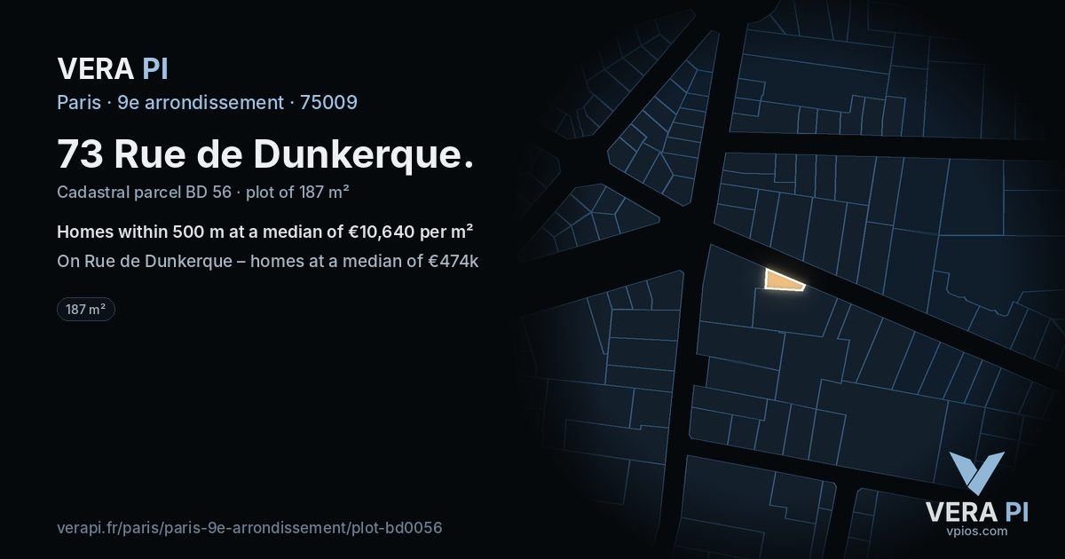 73 Rue de Dunkerque, 9e arrondissement at night – the plot lit, the parcels around coloured by the prices near them