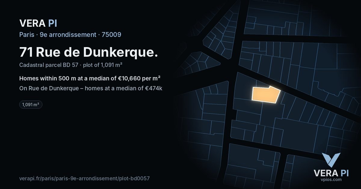71 Rue de Dunkerque, 9e arrondissement at night – the plot lit, the parcels around coloured by the prices near them