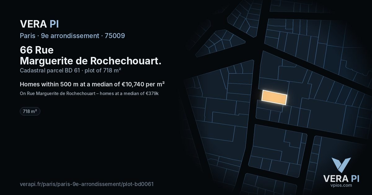 66 Rue Marguerite de Rochechouart, 9e arrondissement at night – the plot lit, the parcels around coloured by the prices near them