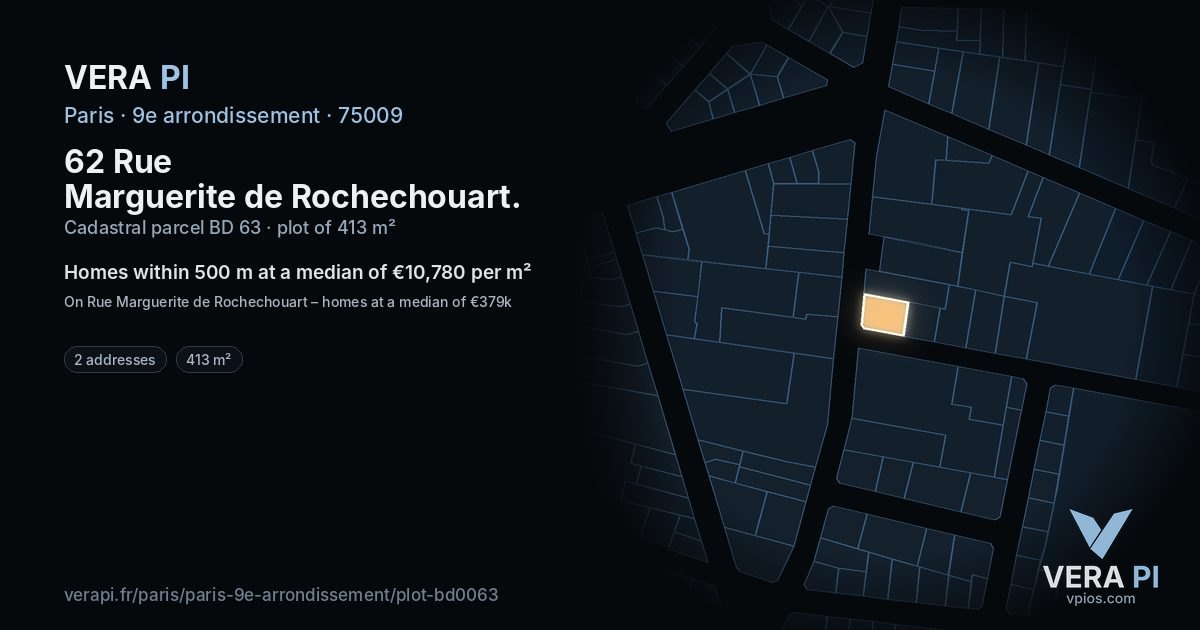 62 Rue Marguerite de Rochechouart, 9e arrondissement at night – the plot lit, the parcels around coloured by the prices near them