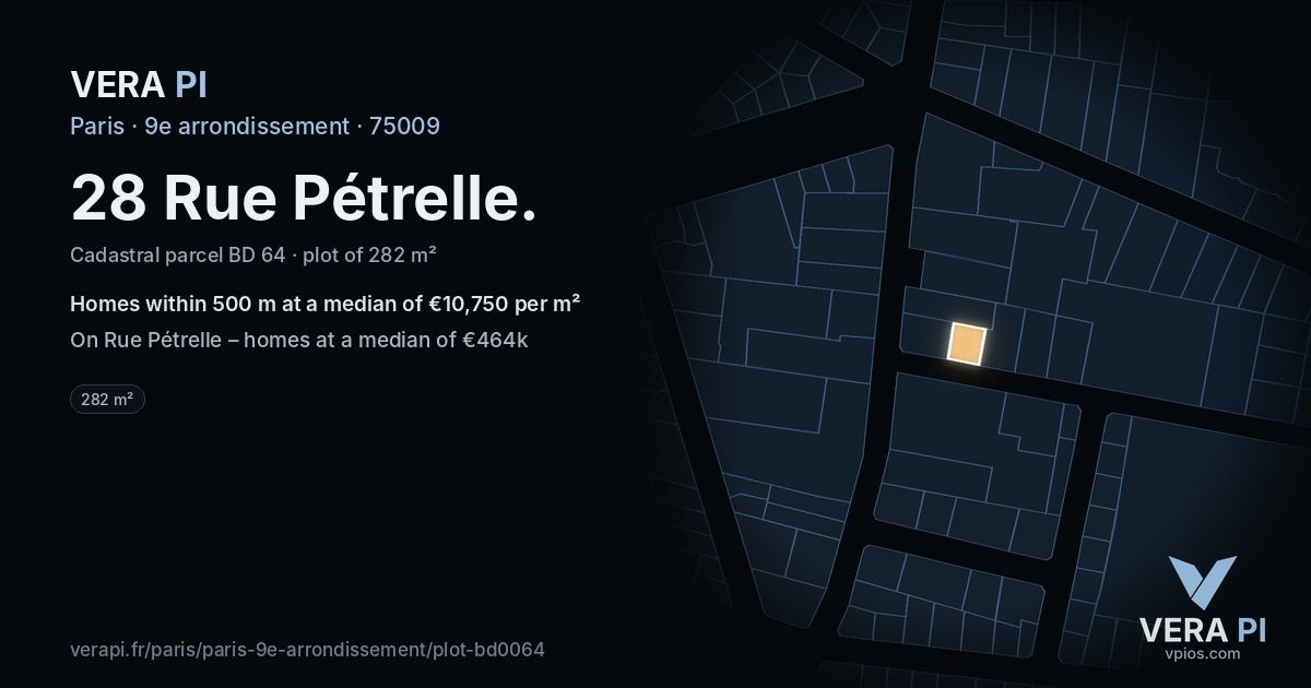 28 Rue Pétrelle, 9e arrondissement at night – the plot lit, the parcels around coloured by the prices near them
