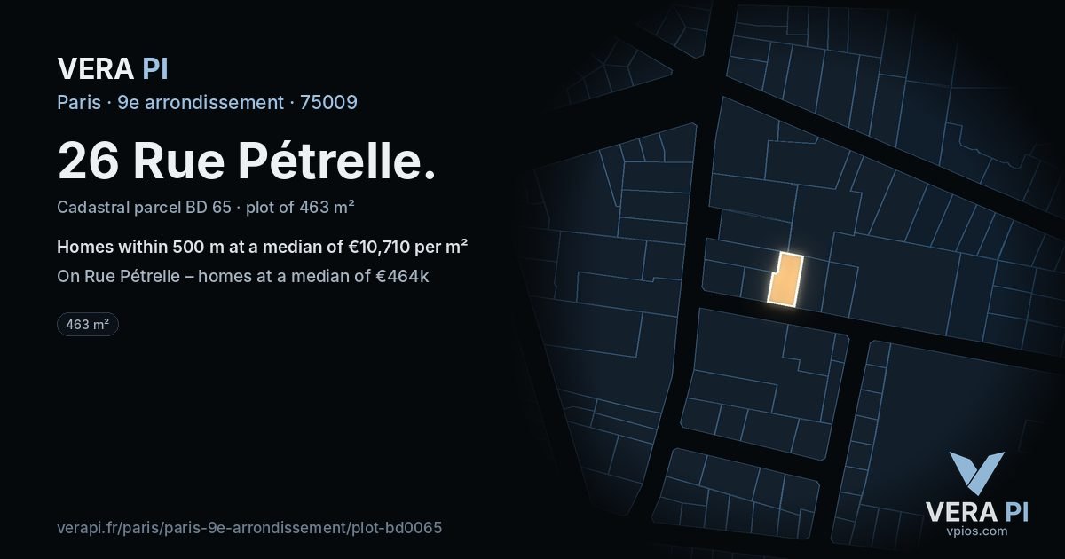 26 Rue Pétrelle, 9e arrondissement at night – the plot lit, the parcels around coloured by the prices near them