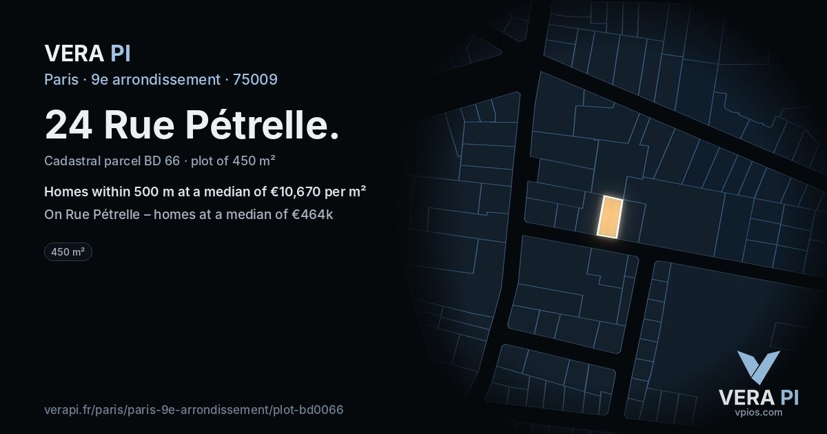 24 Rue Pétrelle, 9e arrondissement at night – the plot lit, the parcels around coloured by the prices near them