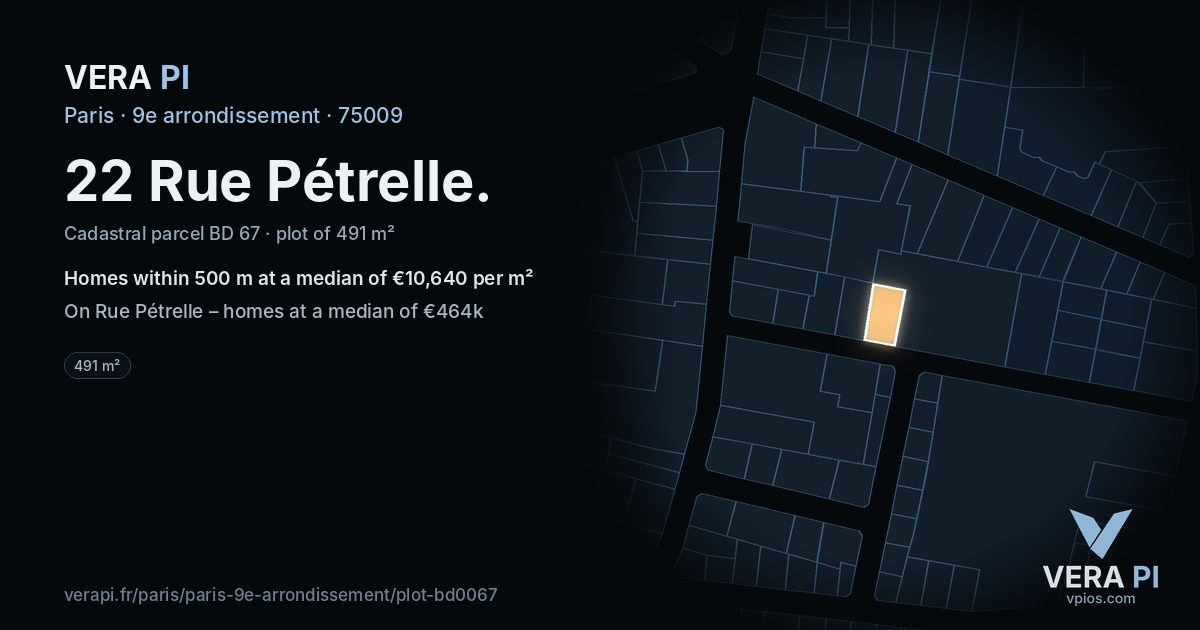 22 Rue Pétrelle, 9e arrondissement at night – the plot lit, the parcels around coloured by the prices near them