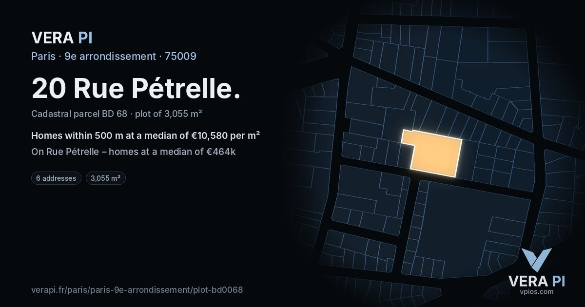 20 Rue Pétrelle, 9e arrondissement at night – the plot lit, the parcels around coloured by the prices near them