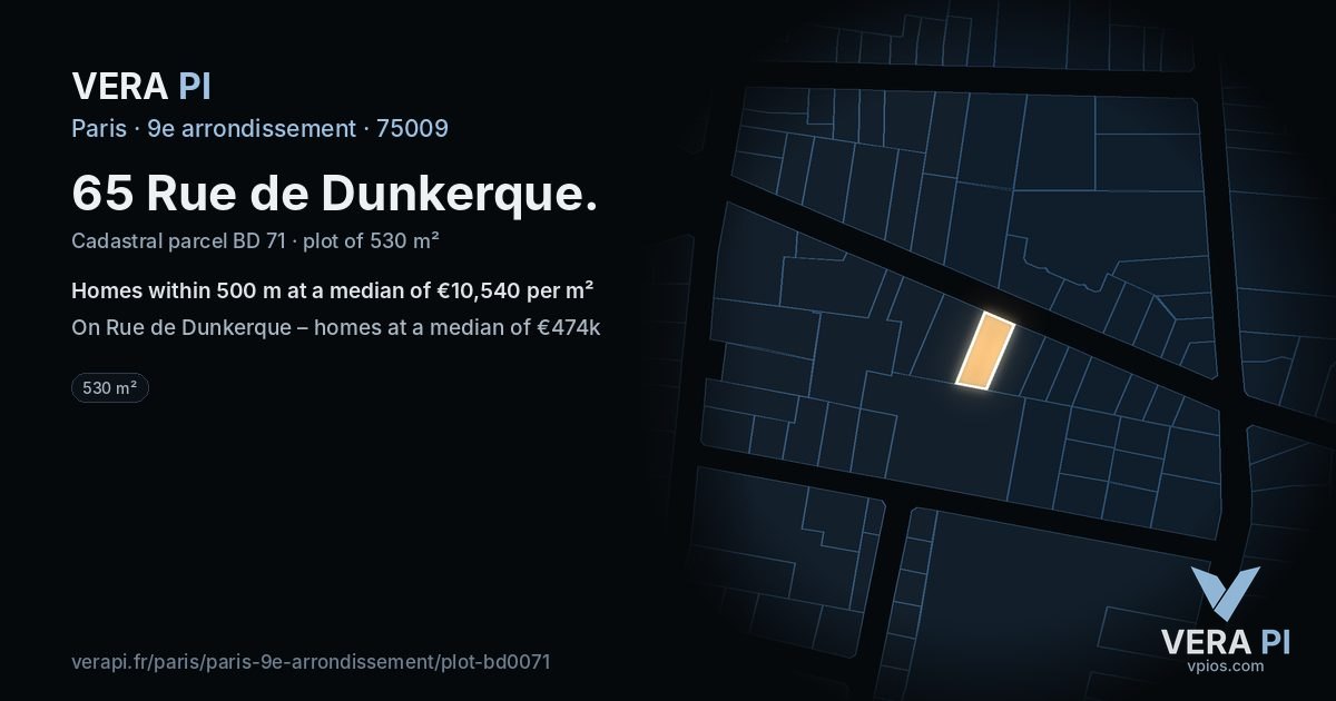 65 Rue de Dunkerque, 9e arrondissement at night – the plot lit, the parcels around coloured by the prices near them
