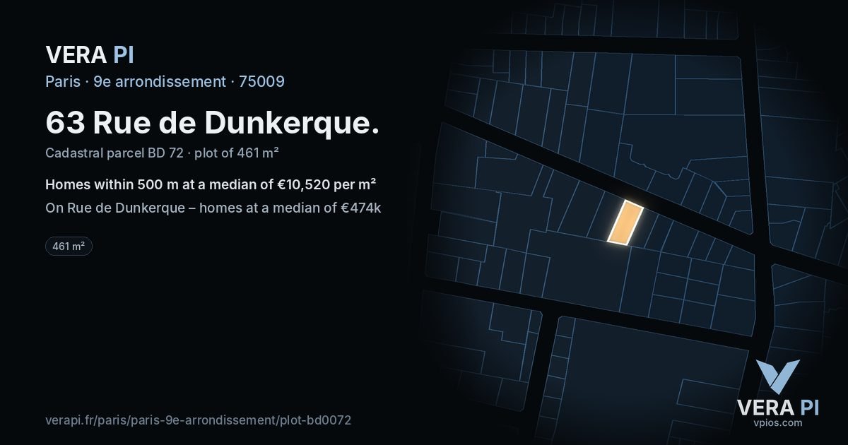 63 Rue de Dunkerque, 9e arrondissement at night – the plot lit, the parcels around coloured by the prices near them