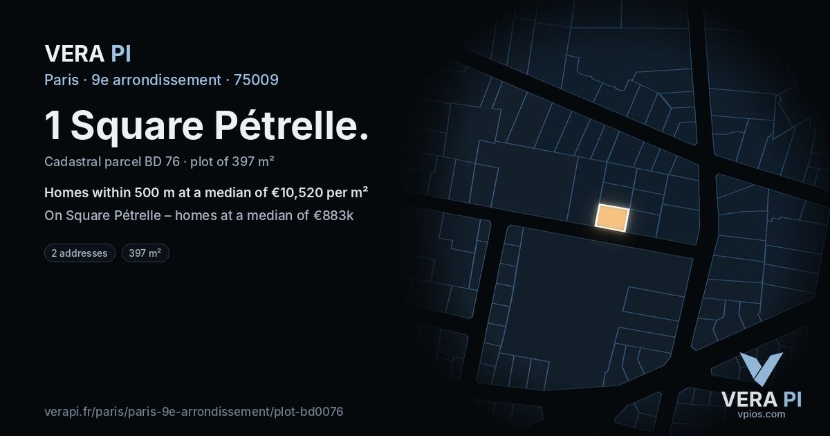 1 Square Pétrelle, 9e arrondissement at night – the plot lit, the parcels around coloured by the prices near them