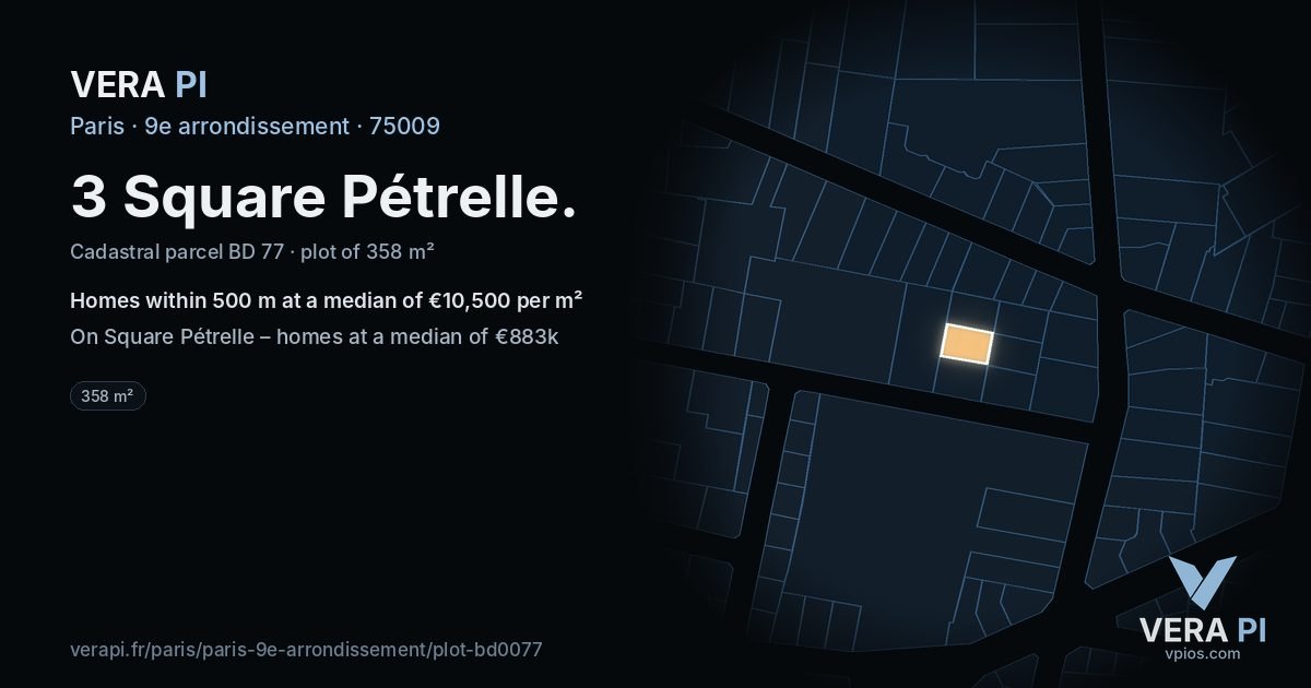 3 Square Pétrelle, 9e arrondissement at night – the plot lit, the parcels around coloured by the prices near them