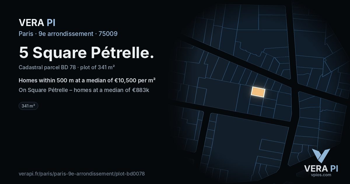 5 Square Pétrelle, 9e arrondissement at night – the plot lit, the parcels around coloured by the prices near them