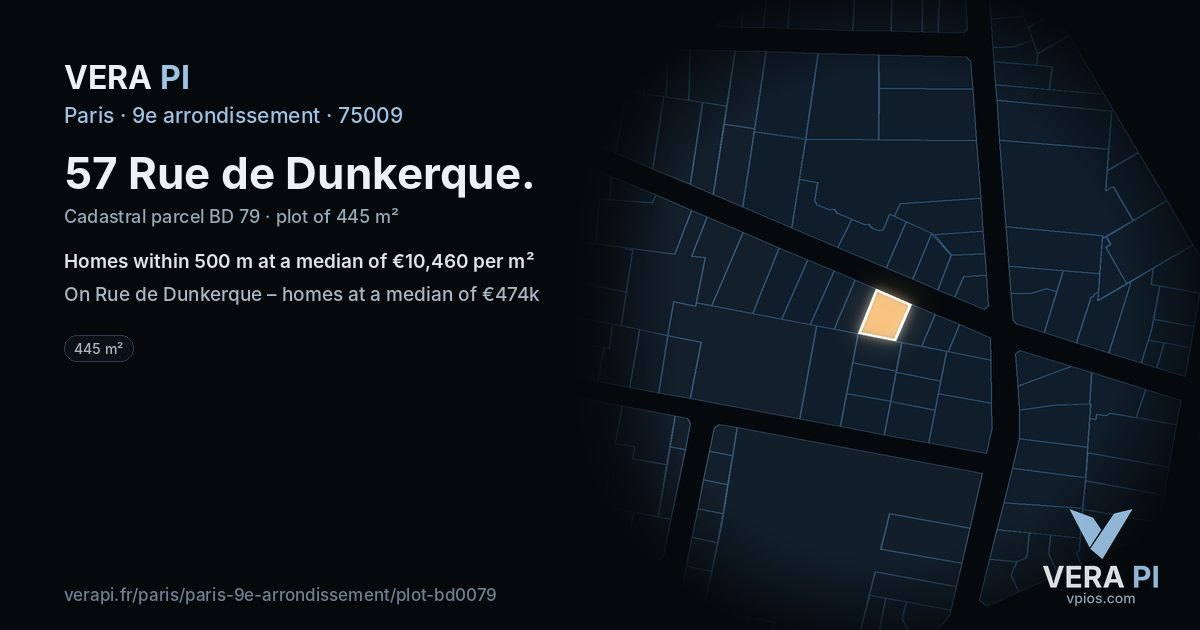 57 Rue de Dunkerque, 9e arrondissement at night – the plot lit, the parcels around coloured by the prices near them