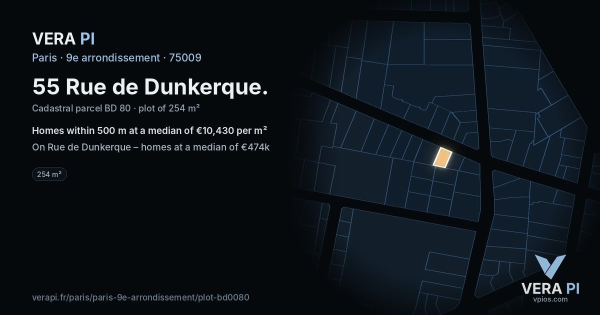 55 Rue de Dunkerque, 9e arrondissement at night – the plot lit, the parcels around coloured by the prices near them