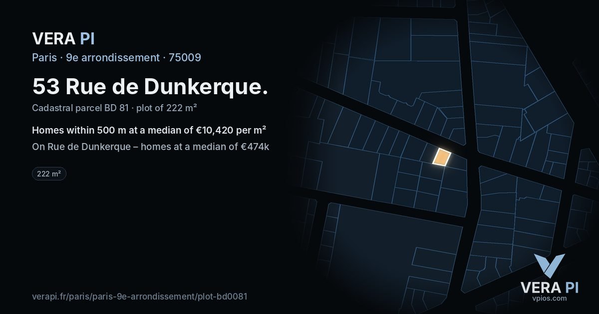 53 Rue de Dunkerque, 9e arrondissement at night – the plot lit, the parcels around coloured by the prices near them
