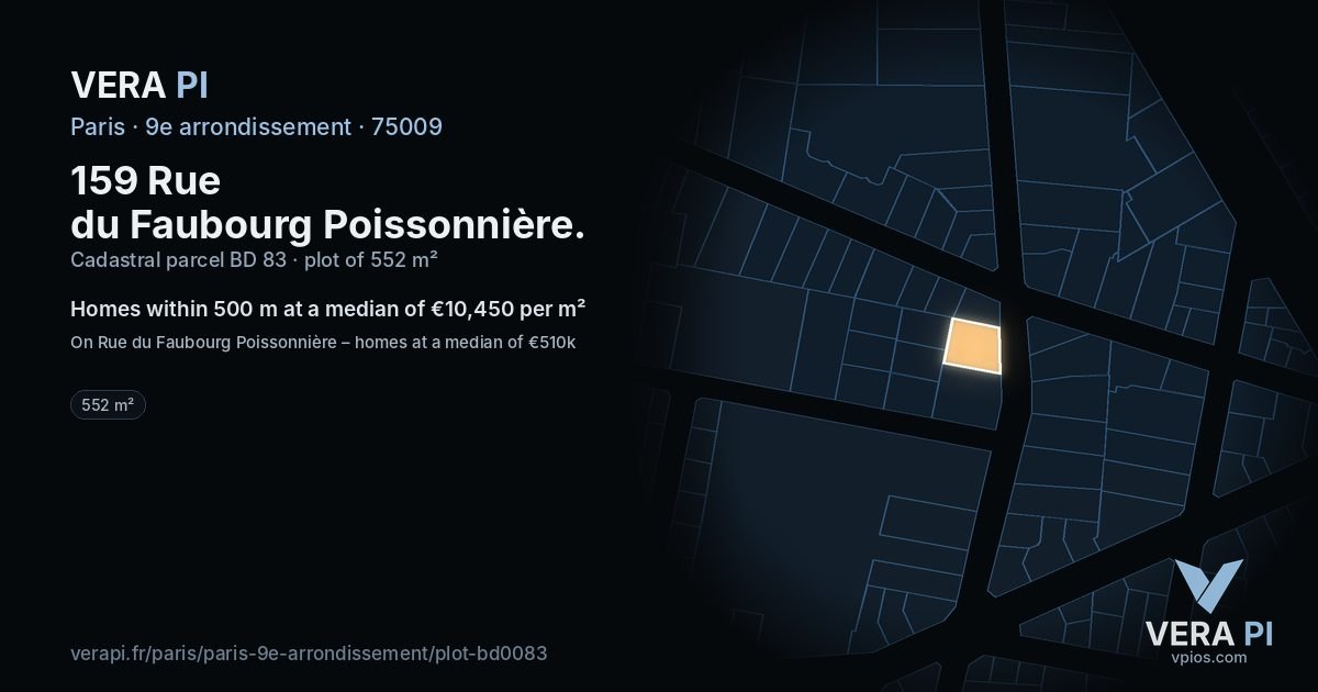 159 Rue du Faubourg Poissonnière, 9e arrondissement at night – the plot lit, the parcels around coloured by the prices near them