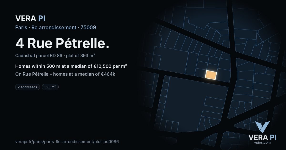 4 Rue Pétrelle, 9e arrondissement at night – the plot lit, the parcels around coloured by the prices near them