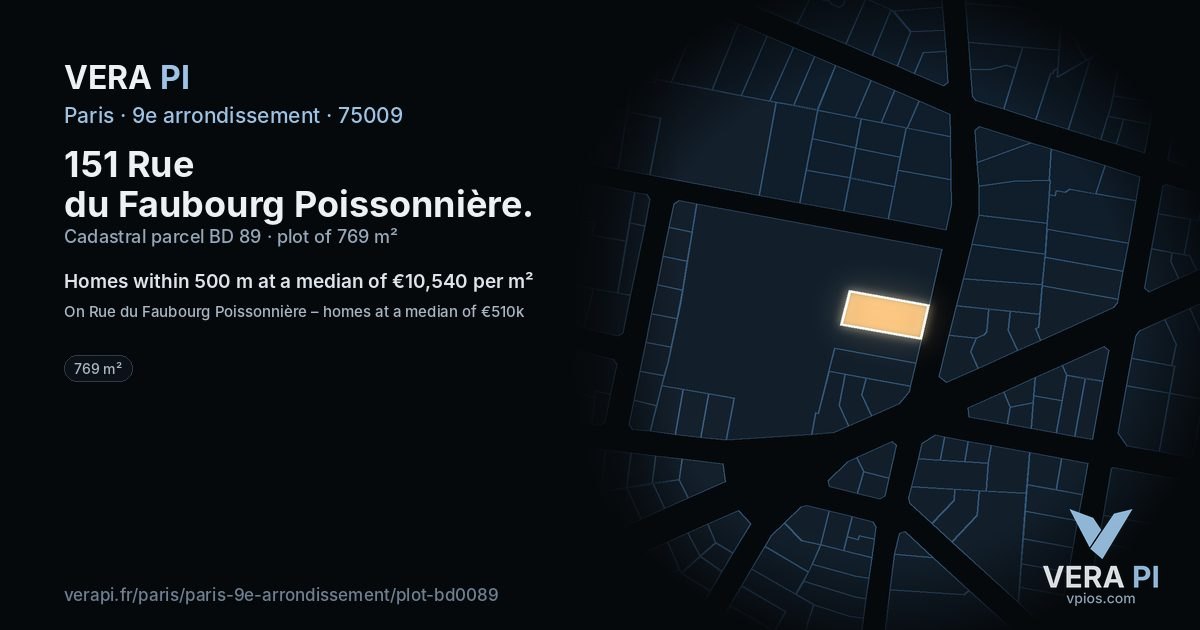 151 Rue du Faubourg Poissonnière, 9e arrondissement at night – the plot lit, the parcels around coloured by the prices near them