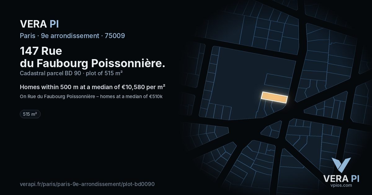 147 Rue du Faubourg Poissonnière, 9e arrondissement at night – the plot lit, the parcels around coloured by the prices near them