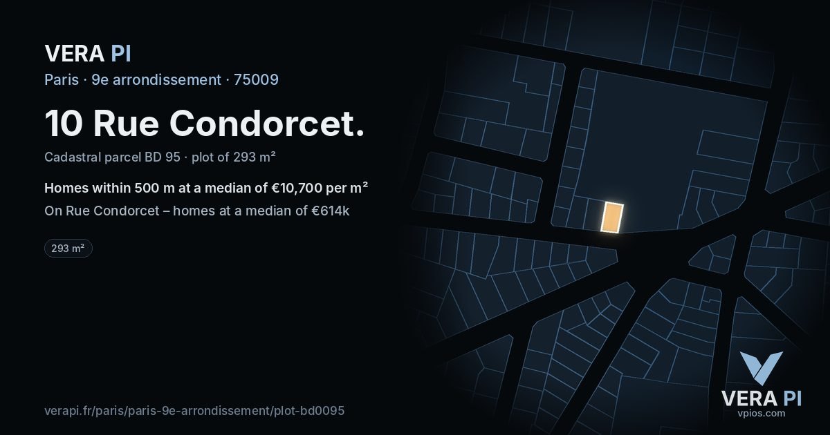 10 Rue Condorcet, 9e arrondissement at night – the plot lit, the parcels around coloured by the prices near them