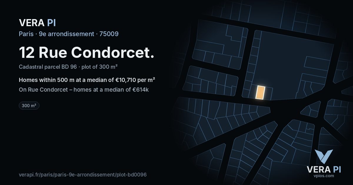 12 Rue Condorcet, 9e arrondissement at night – the plot lit, the parcels around coloured by the prices near them