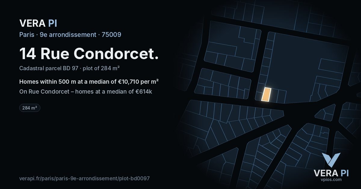 14 Rue Condorcet, 9e arrondissement at night – the plot lit, the parcels around coloured by the prices near them
