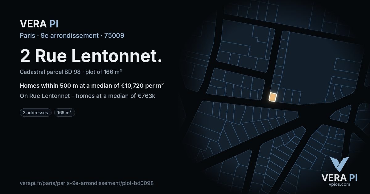 2 Rue Lentonnet, 9e arrondissement at night – the plot lit, the parcels around coloured by the prices near them