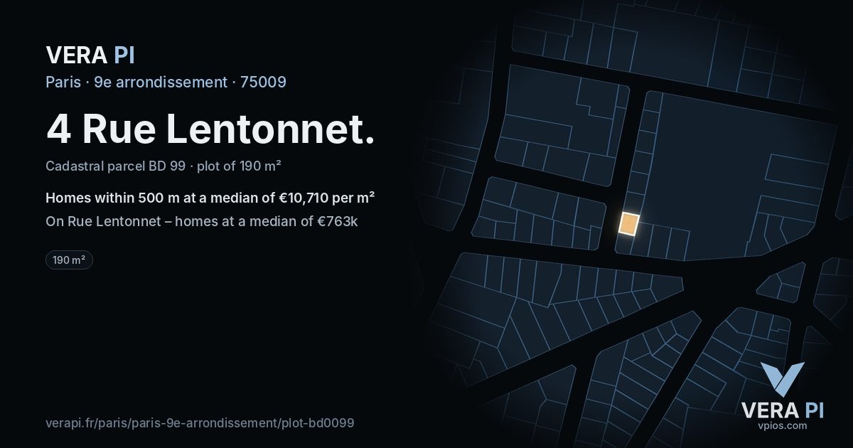 4 Rue Lentonnet, 9e arrondissement at night – the plot lit, the parcels around coloured by the prices near them