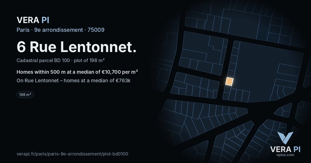 6 Rue Lentonnet, 9e arrondissement at night – the plot lit, the parcels around coloured by the prices near them