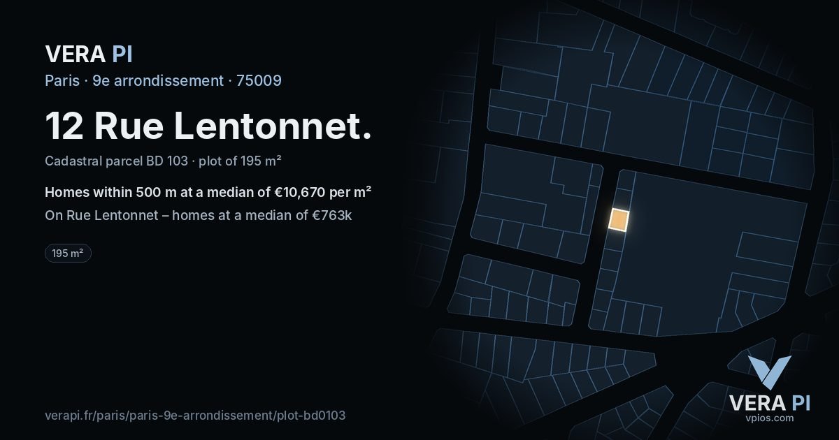 12 Rue Lentonnet, 9e arrondissement at night – the plot lit, the parcels around coloured by the prices near them