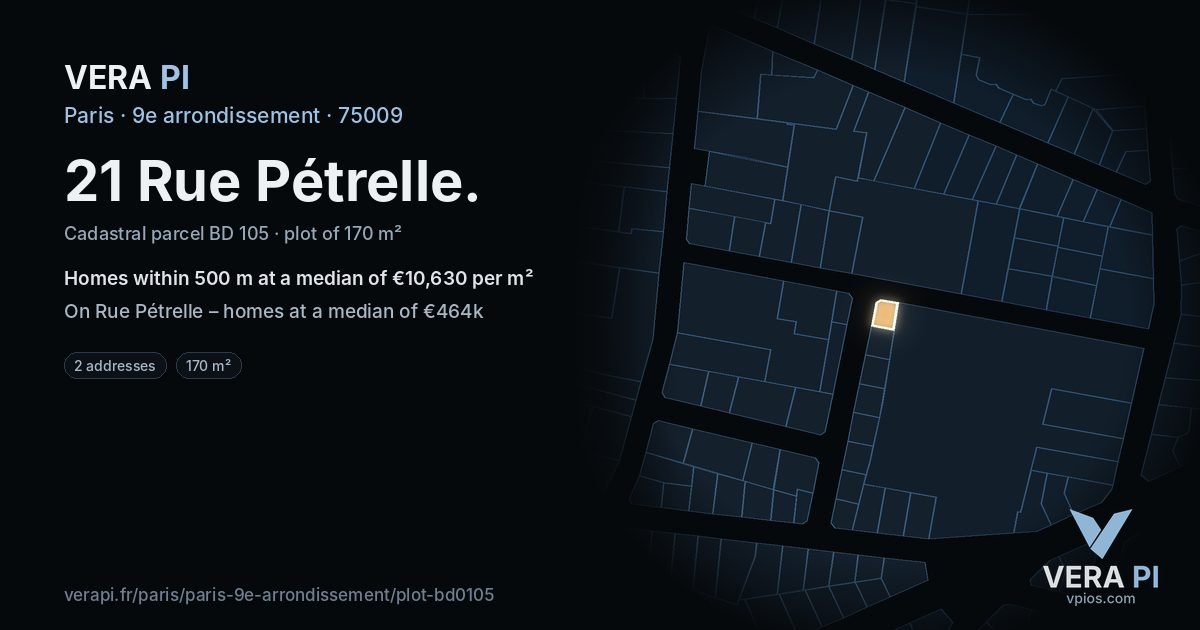 21 Rue Pétrelle, 9e arrondissement at night – the plot lit, the parcels around coloured by the prices near them