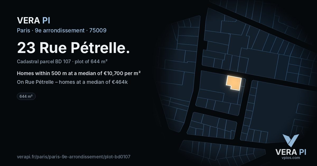 23 Rue Pétrelle, 9e arrondissement at night – the plot lit, the parcels around coloured by the prices near them