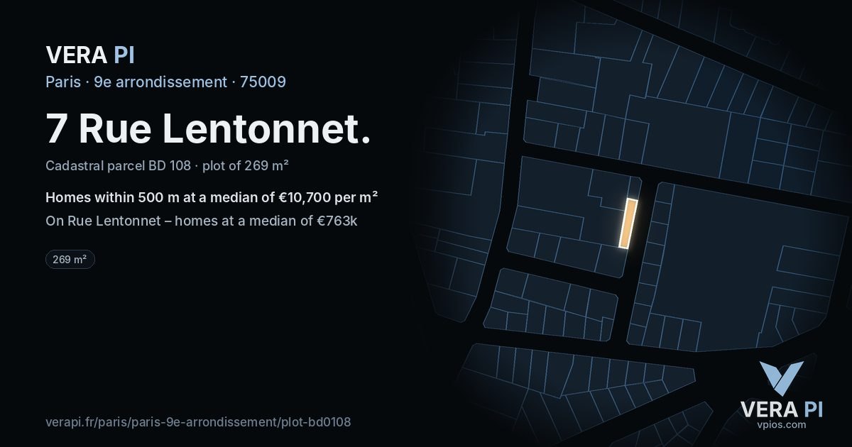 7 Rue Lentonnet, 9e arrondissement at night – the plot lit, the parcels around coloured by the prices near them
