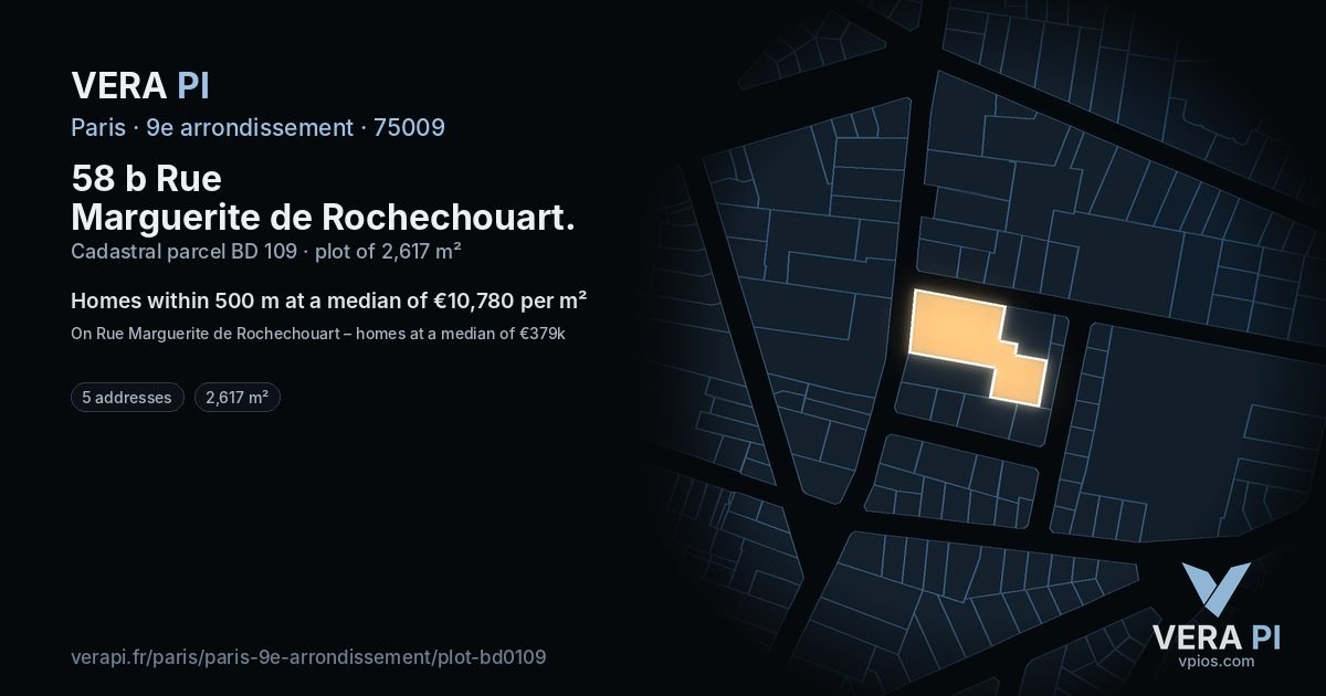 58 b Rue Marguerite de Rochechouart, 9e arrondissement at night – the plot lit, the parcels around coloured by the prices near them