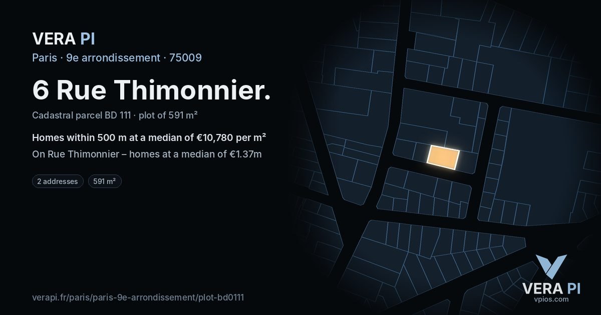 6 Rue Thimonnier, 9e arrondissement at night – the plot lit, the parcels around coloured by the prices near them
