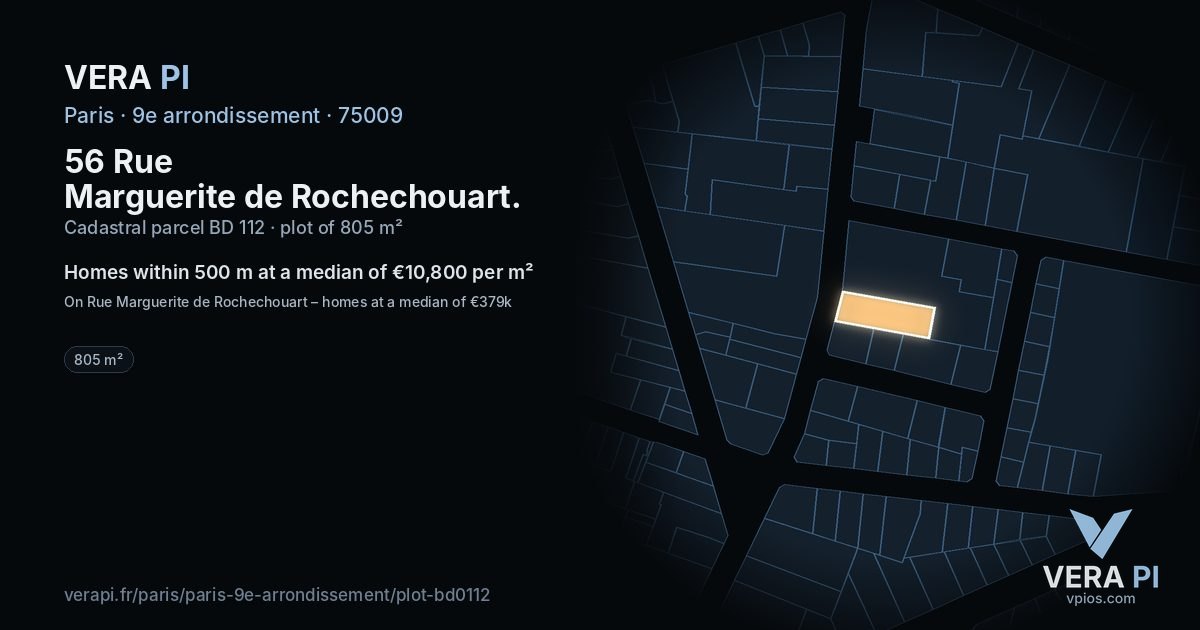 56 Rue Marguerite de Rochechouart, 9e arrondissement at night – the plot lit, the parcels around coloured by the prices near them