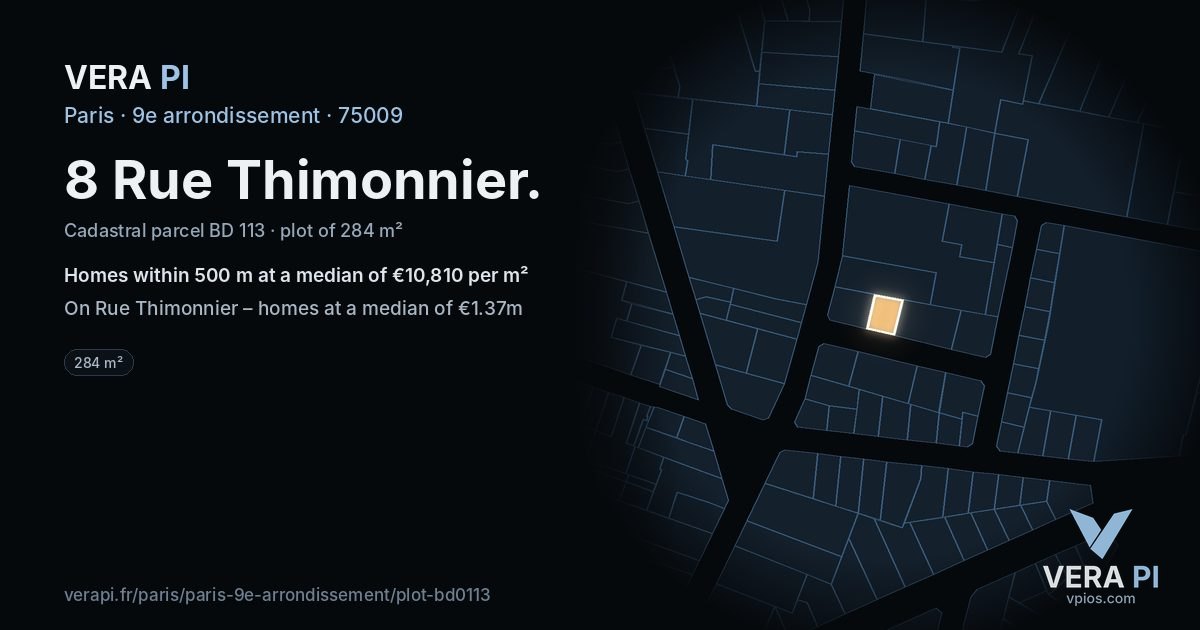 8 Rue Thimonnier, 9e arrondissement at night – the plot lit, the parcels around coloured by the prices near them