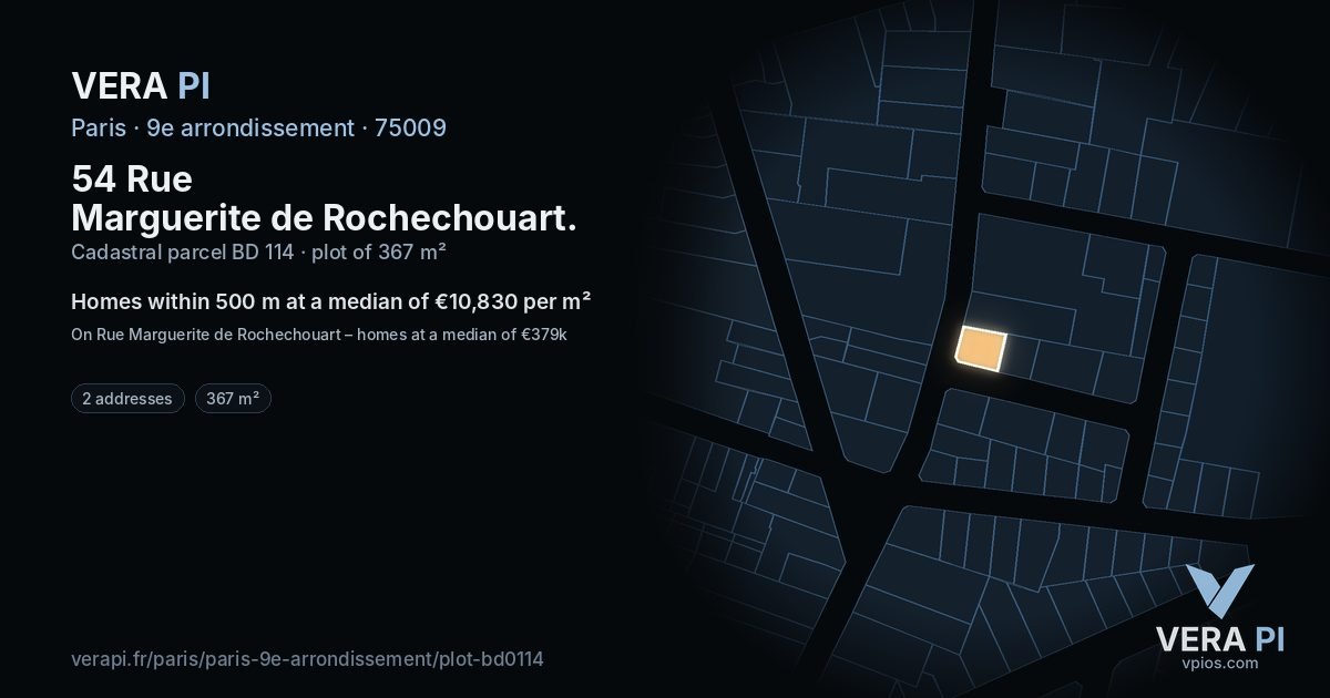 54 Rue Marguerite de Rochechouart, 9e arrondissement at night – the plot lit, the parcels around coloured by the prices near them
