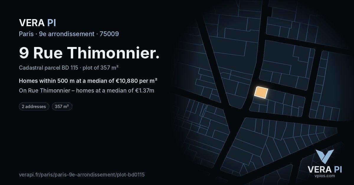 9 Rue Thimonnier, 9e arrondissement at night – the plot lit, the parcels around coloured by the prices near them