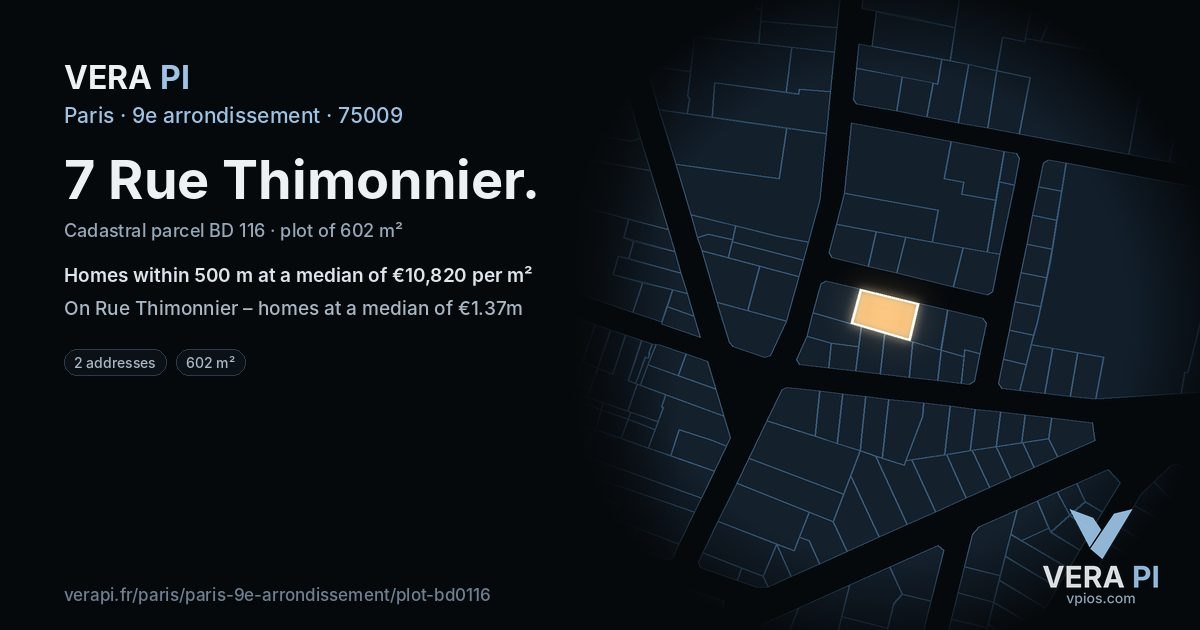 7 Rue Thimonnier, 9e arrondissement at night – the plot lit, the parcels around coloured by the prices near them
