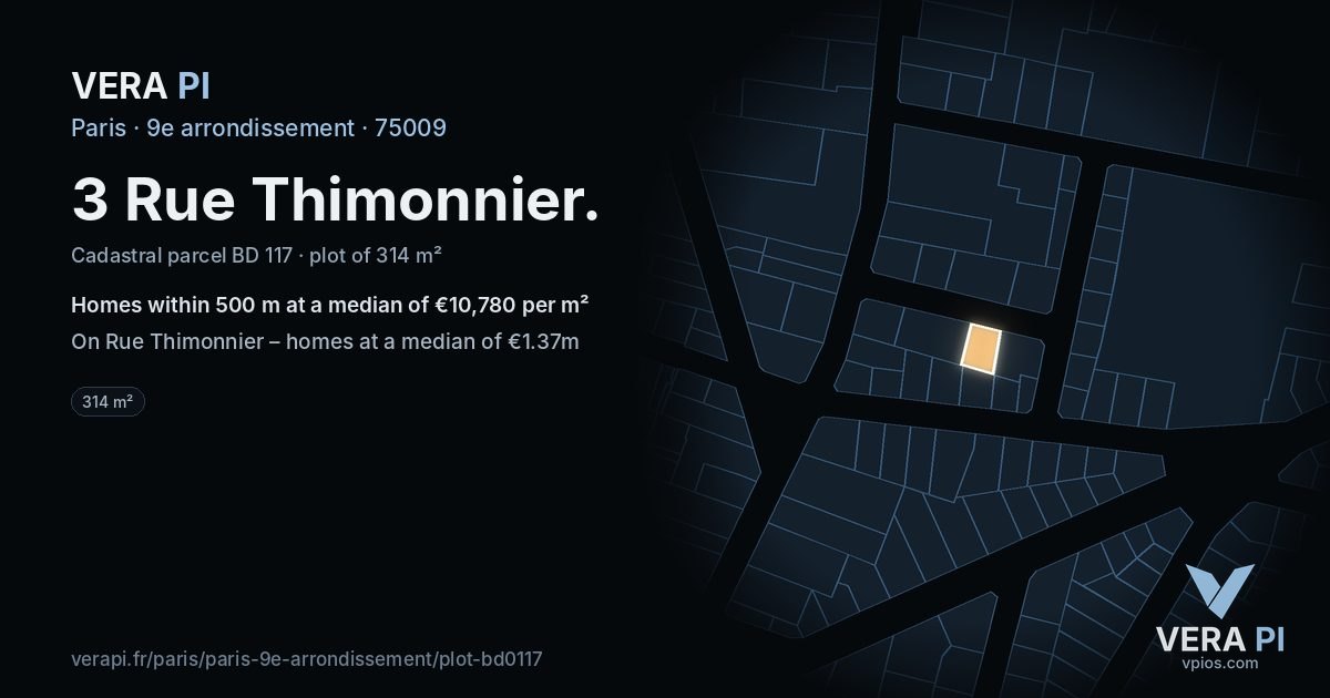 3 Rue Thimonnier, 9e arrondissement at night – the plot lit, the parcels around coloured by the prices near them