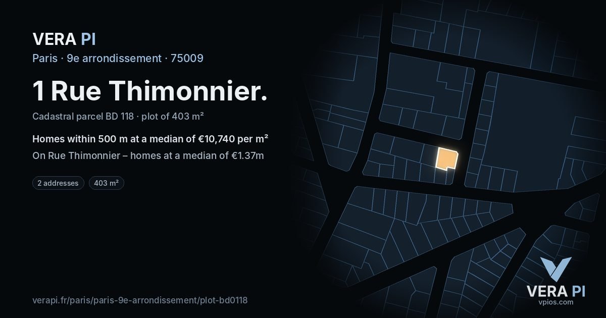 1 Rue Thimonnier, 9e arrondissement at night – the plot lit, the parcels around coloured by the prices near them